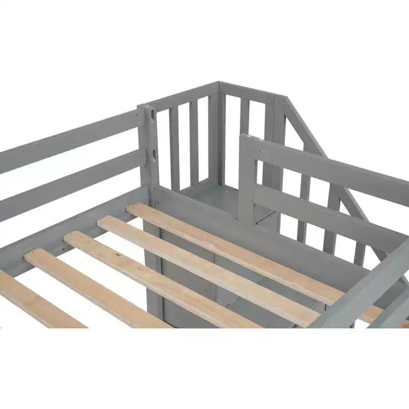 Twin Size Loft Bed with Storage Staircase and Desk, Solid Wood Loft Bed Frame with Double Storage Drawers and Guardrails