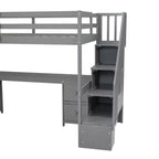 Twin Size Loft Bed with Storage Staircase and Desk, Solid Wood Loft Bed Frame with Double Storage Drawers and Guardrails