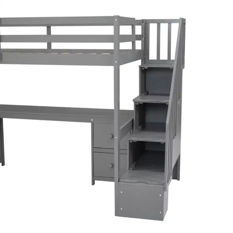Twin Size Loft Bed with Storage Staircase and Desk, Solid Wood Loft Bed Frame with Double Storage Drawers and Guardrails