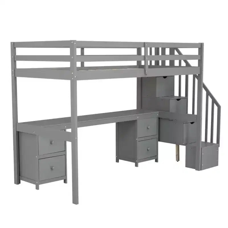 Twin Size Loft Bed with Storage Staircase and Desk, Solid Wood Loft Bed Frame with Double Storage Drawers and Guardrails