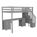 Twin Size Loft Bed with Storage Staircase and Desk, Solid Wood Loft Bed Frame with Double Storage Drawers and Guardrails