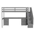 Twin Size Loft Bed with Storage Staircase and Desk, Solid Wood Loft Bed Frame with Double Storage Drawers and Guardrails