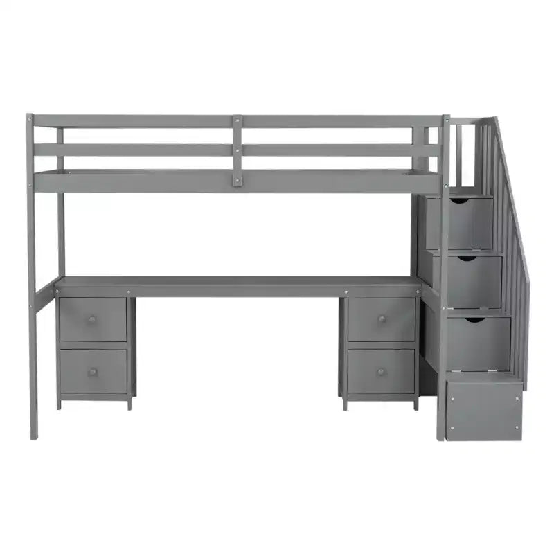Twin Size Loft Bed with Storage Staircase and Desk, Solid Wood Loft Bed Frame with Double Storage Drawers and Guardrails