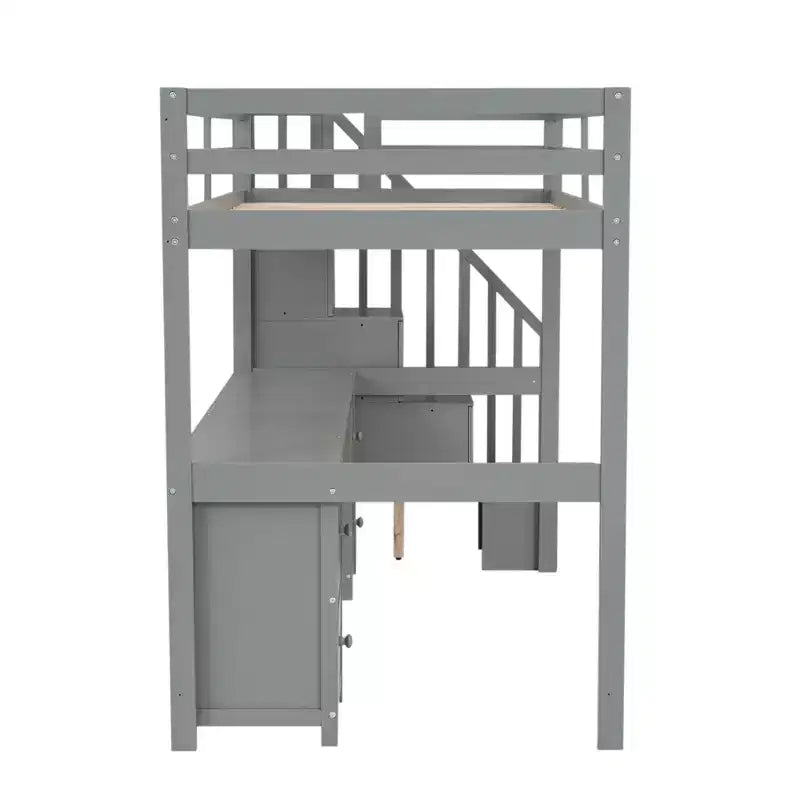 Twin Size Loft Bed with Storage Staircase and Desk, Solid Wood Loft Bed Frame with Double Storage Drawers and Guardrails