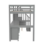 Twin Size Loft Bed with Storage Staircase and Desk, Solid Wood Loft Bed Frame with Double Storage Drawers and Guardrails