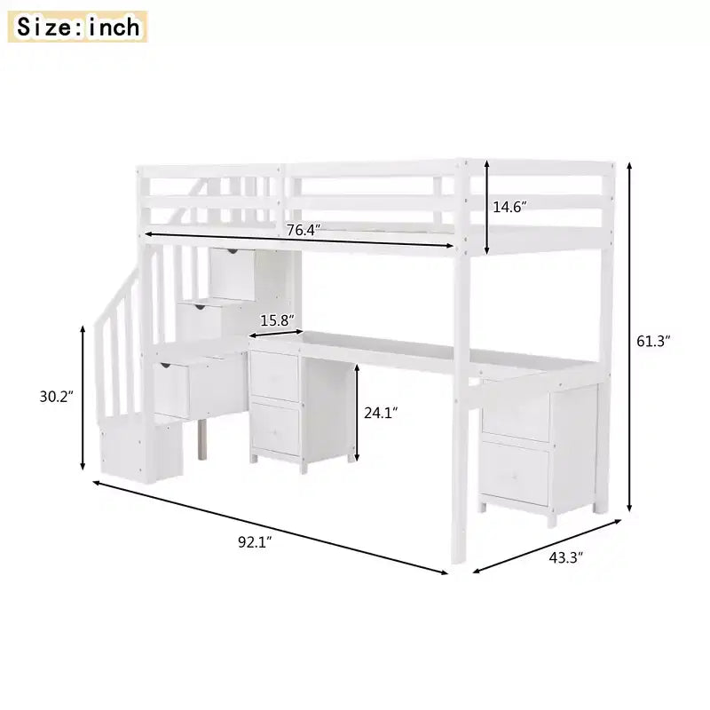 Twin Size Loft Bed with Storage Staircase and Desk, Solid Wood Loft Bed Frame with Double Storage Drawers and Guardrails