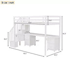 Twin Size Loft Bed with Storage Staircase and Desk, Solid Wood Loft Bed Frame with Double Storage Drawers and Guardrails