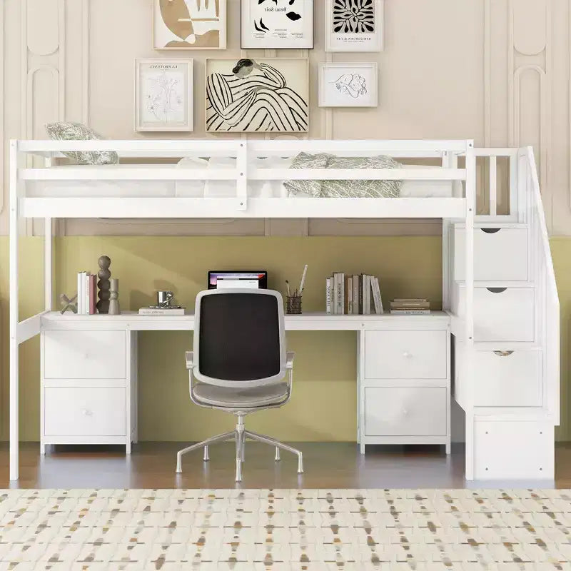 Twin Size Loft Bed with Storage Staircase and Desk, Solid Wood Loft Bed Frame with Double Storage Drawers and Guardrails