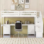 Twin Size Loft Bed with Storage Staircase and Desk, Solid Wood Loft Bed Frame with Double Storage Drawers and Guardrails