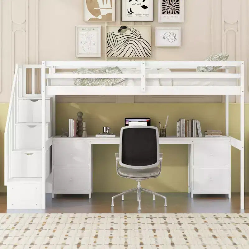 Twin Size Loft Bed with Storage Staircase and Desk, Solid Wood Loft Bed Frame with Double Storage Drawers and Guardrails