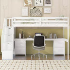 Twin Size Loft Bed with Storage Staircase and Desk, Solid Wood Loft Bed Frame with Double Storage Drawers and Guardrails
