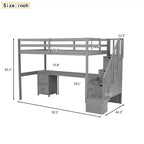 Twin Size Loft Bed with Storage Staircase and Desk, Solid Wood Loft Bed Frame with Double Storage Drawers and Guardrails