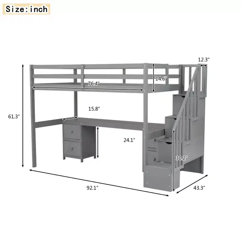 Twin Size Loft Bed with Storage Staircase and Desk, Solid Wood Loft Bed Frame with Double Storage Drawers and Guardrails
