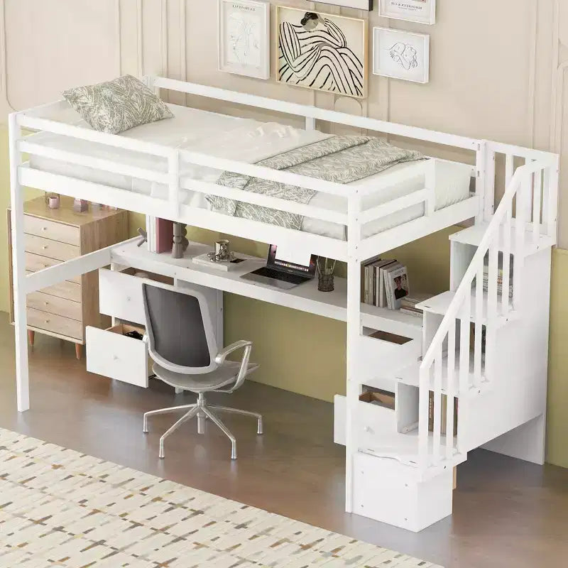 Twin Size Loft Bed with Storage Staircase and Desk, Solid Wood Loft Bed Frame with Double Storage Drawers and Guardrails