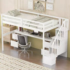 Twin Size Loft Bed with Storage Staircase and Desk, Solid Wood Loft Bed Frame with Double Storage Drawers and Guardrails