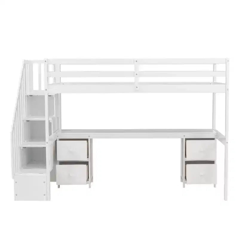 Twin Size Loft Bed with Storage Staircase and Desk, Solid Wood Loft Bed Frame with Double Storage Drawers and Guardrails