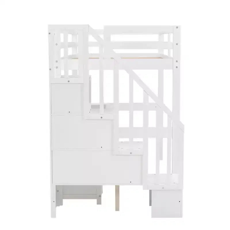 Twin Size Loft Bed with Storage Staircase and Desk, Solid Wood Loft Bed Frame with Double Storage Drawers and Guardrails