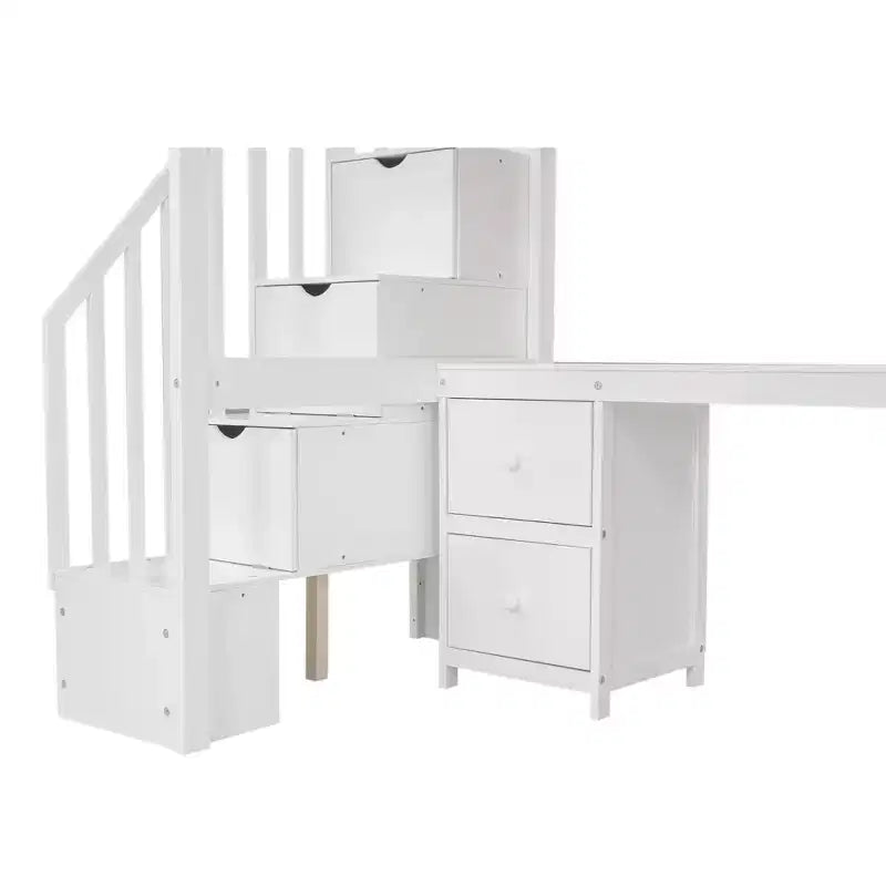 Twin Size Loft Bed with Storage Staircase and Desk, Solid Wood Loft Bed Frame with Double Storage Drawers and Guardrails