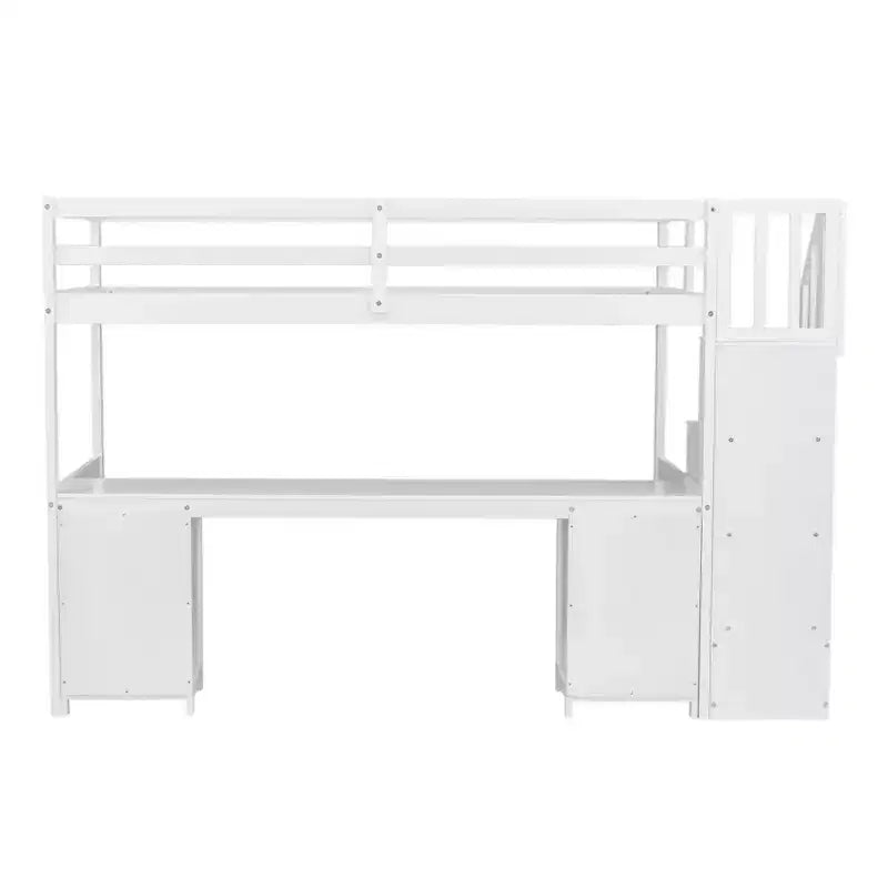 Twin Size Loft Bed with Storage Staircase and Desk, Solid Wood Loft Bed Frame with Double Storage Drawers and Guardrails