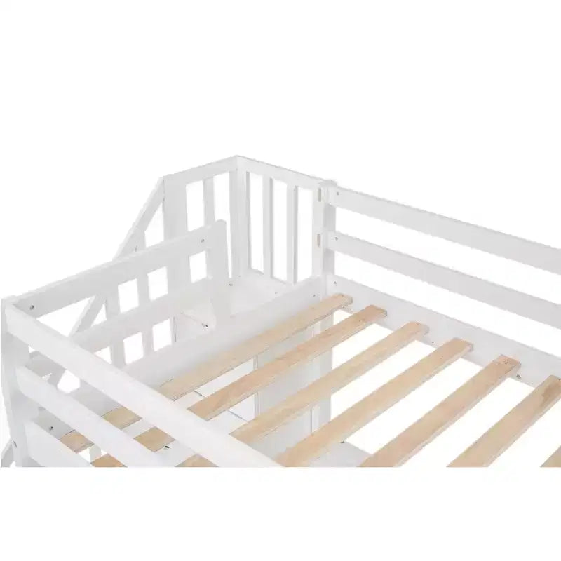 Twin Size Loft Bed with Storage Staircase and Desk, Solid Wood Loft Bed Frame with Double Storage Drawers and Guardrails