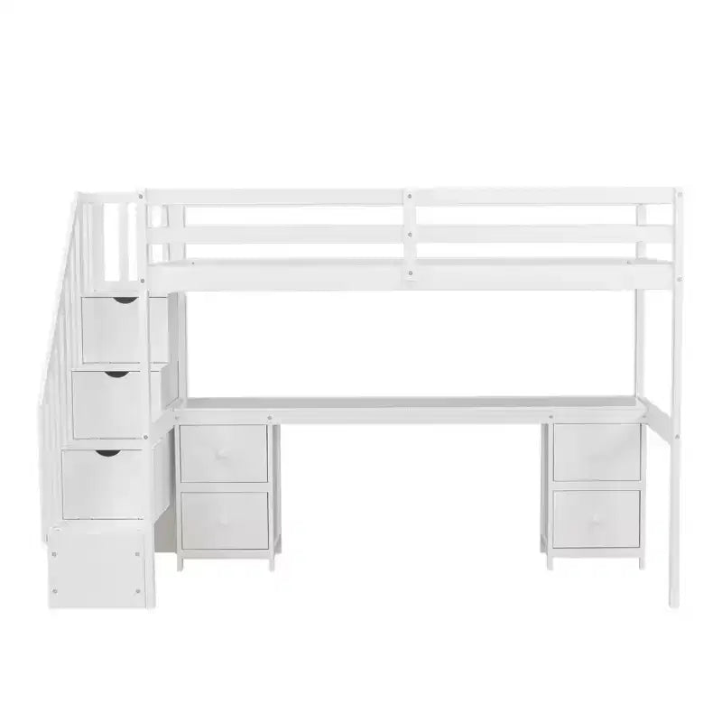 Twin Size Loft Bed with Storage Staircase and Desk, Solid Wood Loft Bed Frame with Double Storage Drawers and Guardrails