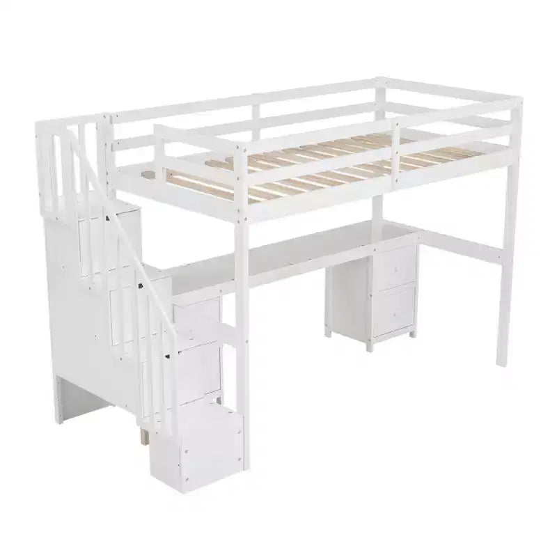 Twin Size Loft Bed with Storage Staircase and Desk, Solid Wood Loft Bed Frame with Double Storage Drawers and Guardrails