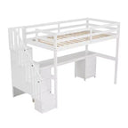 Twin Size Loft Bed with Storage Staircase and Desk, Solid Wood Loft Bed Frame with Double Storage Drawers and Guardrails