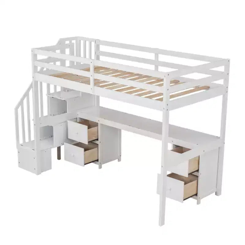 Twin Size Loft Bed with Storage Staircase and Desk, Solid Wood Loft Bed Frame with Double Storage Drawers and Guardrails
