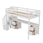 Twin Size Loft Bed with Storage Staircase and Desk, Solid Wood Loft Bed Frame with Double Storage Drawers and Guardrails