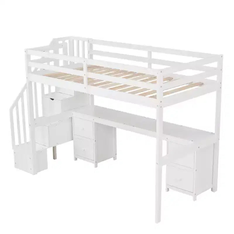 Twin Size Loft Bed with Storage Staircase and Desk, Solid Wood Loft Bed Frame with Double Storage Drawers and Guardrails
