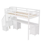 Twin Size Loft Bed with Storage Staircase and Desk, Solid Wood Loft Bed Frame with Double Storage Drawers and Guardrails