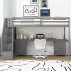Twin Size Loft Bed with Storage Staircase and Desk, Solid Wood Loft Bed Frame with Double Storage Drawers and Guardrails