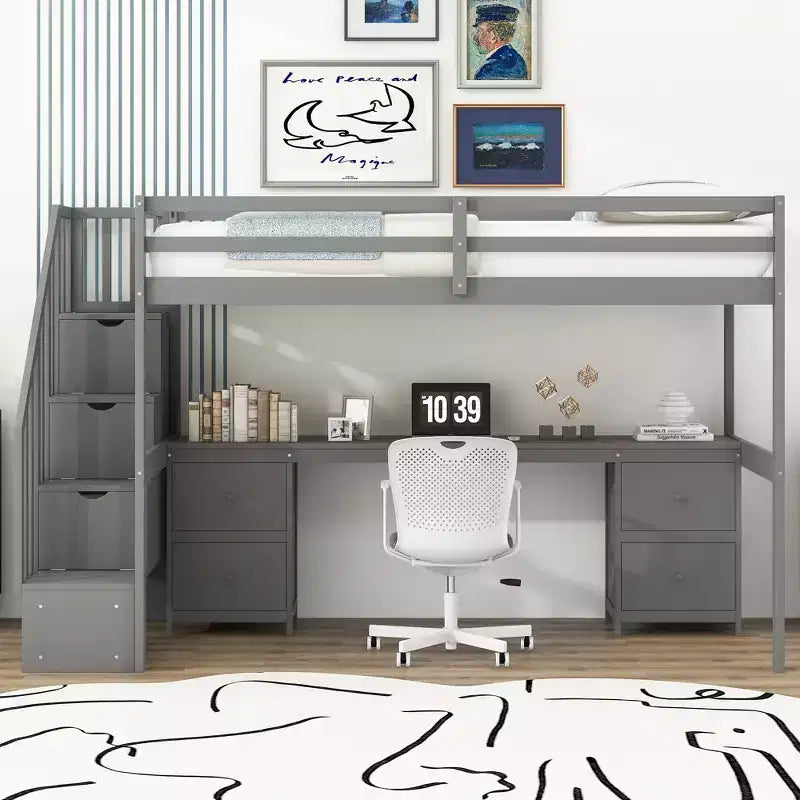Twin Size Loft Bed with Storage Staircase and Desk, Solid Wood Loft Bed Frame with Double Storage Drawers and Guardrails