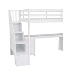 Twin Size Loft Bed with Storage Staircase and Desk, Solid Wood Loft Bed Frame with Double Storage Drawers and Guardrails