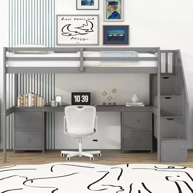 Twin Size Loft Bed with Storage Staircase and Desk, Solid Wood Loft Bed Frame with Double Storage Drawers and Guardrails