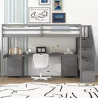 Twin Size Loft Bed with Storage Staircase and Desk, Solid Wood Loft Bed Frame with Double Storage Drawers and Guardrails