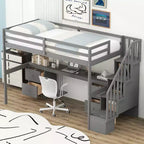 Twin Size Loft Bed with Storage Staircase and Desk, Solid Wood Loft Bed Frame with Double Storage Drawers and Guardrails