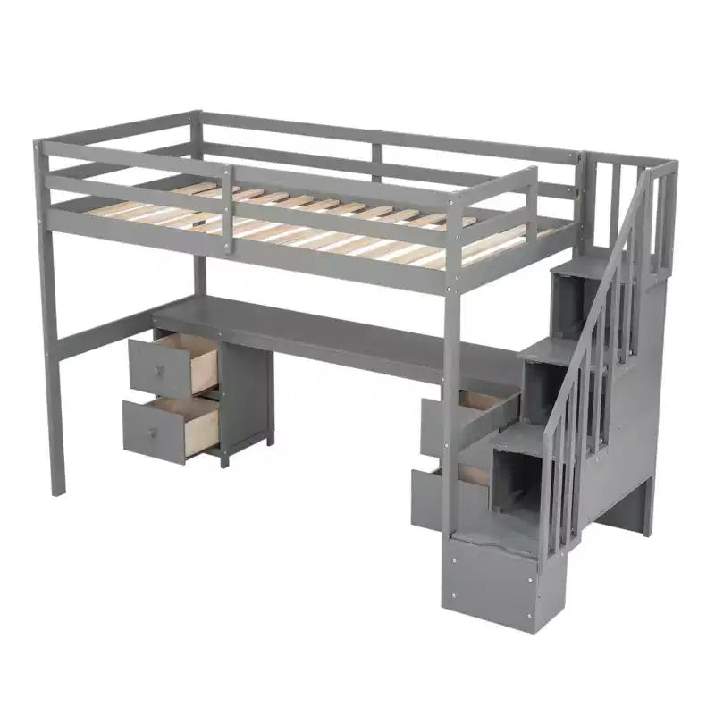 Twin Size Loft Bed with Storage Staircase and Desk, Solid Wood Loft Bed Frame with Double Storage Drawers and Guardrails