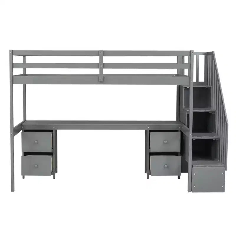 Twin Size Loft Bed with Storage Staircase and Desk, Solid Wood Loft Bed Frame with Double Storage Drawers and Guardrails