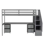 Twin Size Loft Bed with Storage Staircase and Desk, Solid Wood Loft Bed Frame with Double Storage Drawers and Guardrails