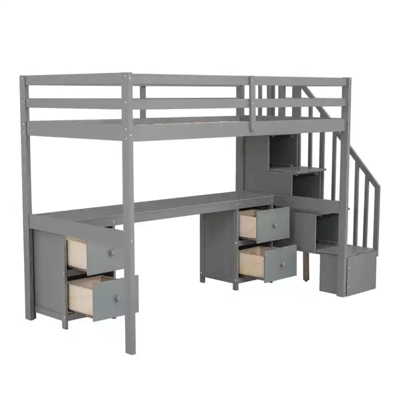 Twin Size Loft Bed with Storage Staircase and Desk, Solid Wood Loft Bed Frame with Double Storage Drawers and Guardrails
