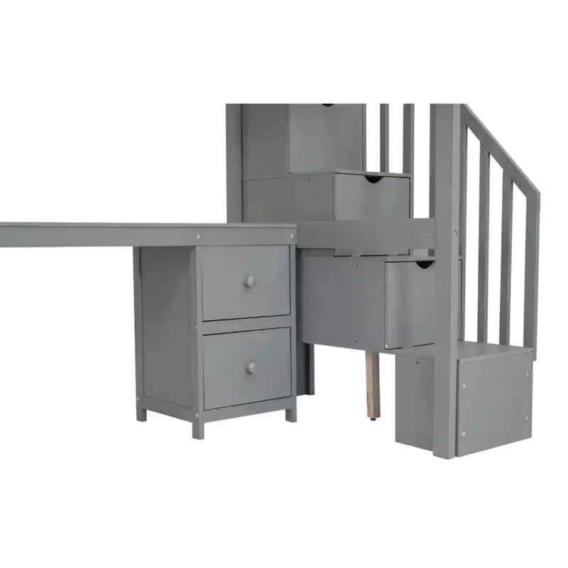 Twin Size Loft Bed with Storage Staircase and Desk, Solid Wood Loft Bed Frame with Double Storage Drawers and Guardrails