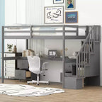 Twin Size Loft Bed with Storage Staircase and Desk, Solid Wood Loft Bed Frame with Double Storage Drawers and Guardrails