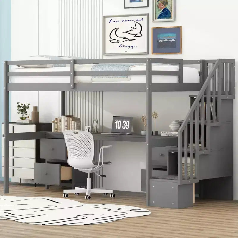 Twin Size Loft Bed with Storage Staircase and Desk, Solid Wood Loft Bed Frame with Double Storage Drawers and Guardrails