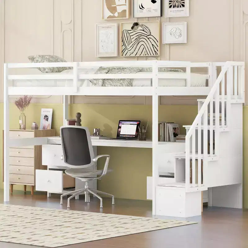Twin Size Loft Bed with Storage Staircase and Desk, Solid Wood Loft Bed Frame with Double Storage Drawers and Guardrails