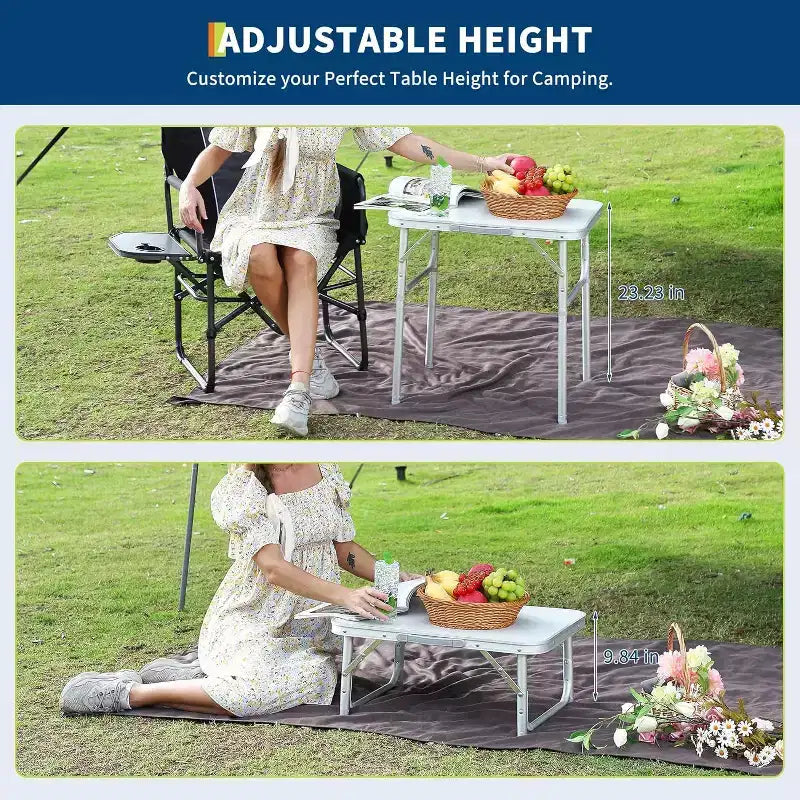 Mesa plegable pequeña Acekool con altura ajustable, mesa de camping portátil de aluminio ligero con asa de transporte, plateada
