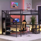 Cama loft metálica matrimonial/queen con armario, escritorio en L, USB y luces LED, estructura de cama loft para ahorrar espacio para juegos - ModernLuxe