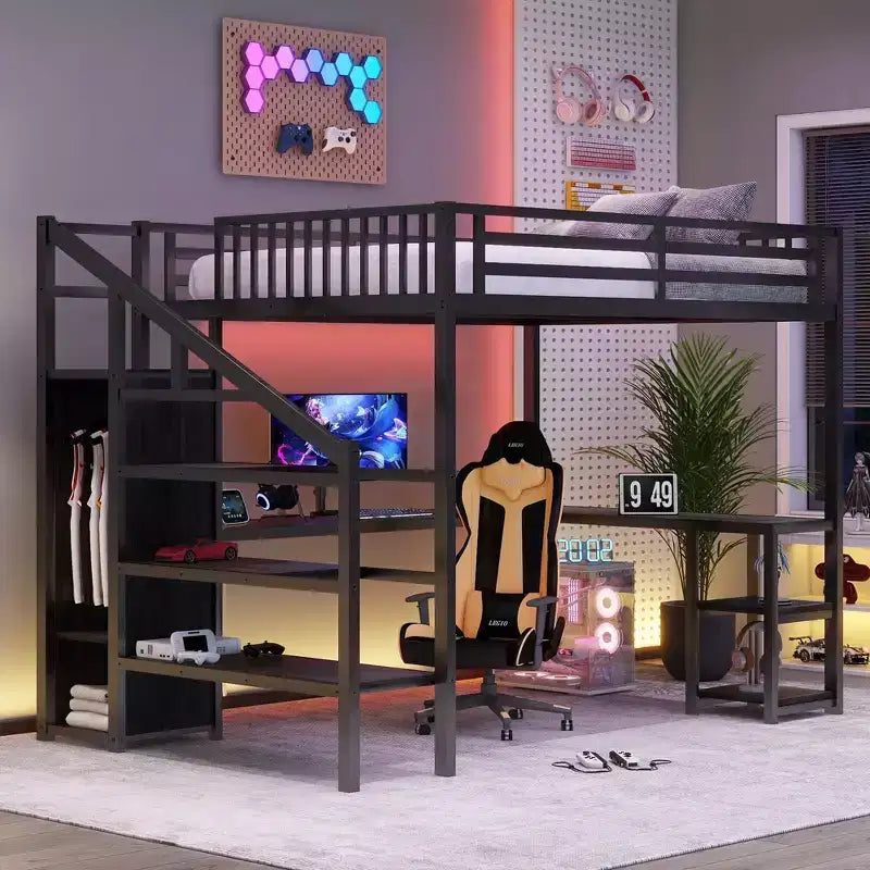 Cama loft metálica matrimonial/queen con armario, escritorio en L, USB y luces LED, estructura de cama loft para ahorrar espacio para juegos - ModernLuxe