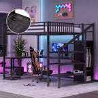 Cama loft metálica matrimonial/queen con armario, escritorio en L, USB y luces LED, estructura de cama loft para ahorrar espacio para juegos - ModernLuxe