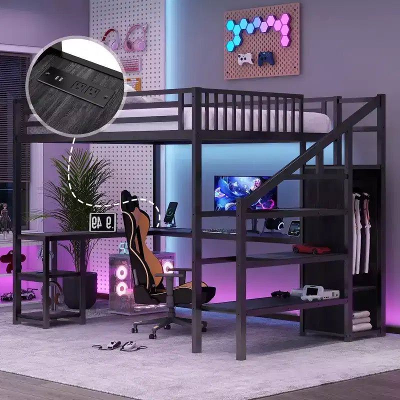Cama loft metálica matrimonial/queen con armario, escritorio en L, USB y luces LED, estructura de cama loft para ahorrar espacio para juegos - ModernLuxe